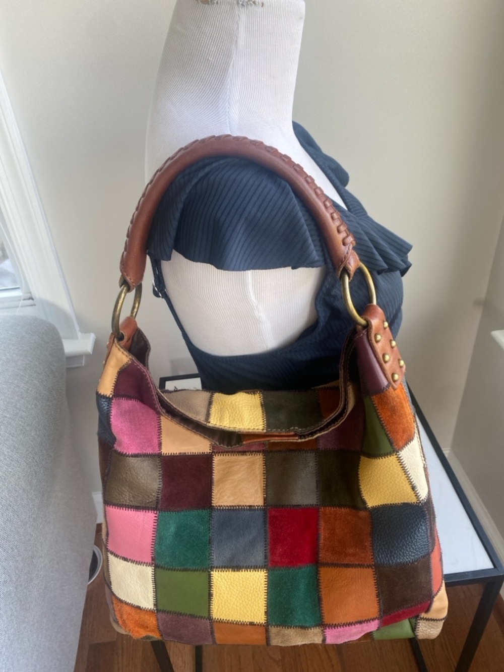 RARE Lucky Brand "Ugly Betty" Patchwork Leather Suede Hobo Bag Y2K Boho Vtg - Picture 4 of 13